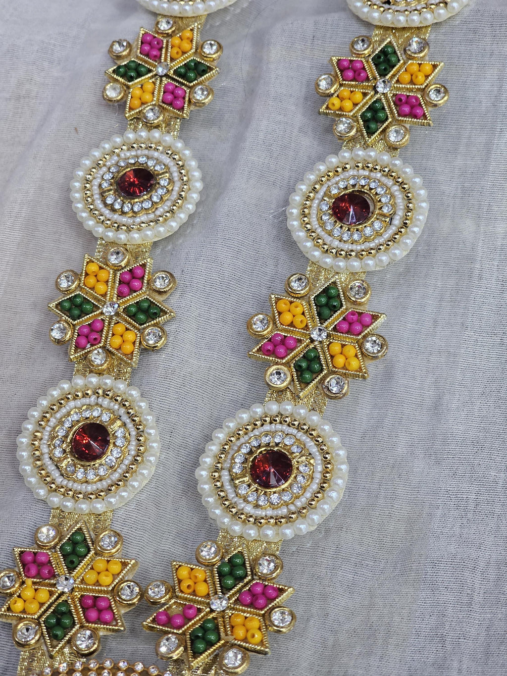 Handmade Vibrant Floral Pearl Mala with Ruby-Red Pendant for Pooja, Weddings and god idol