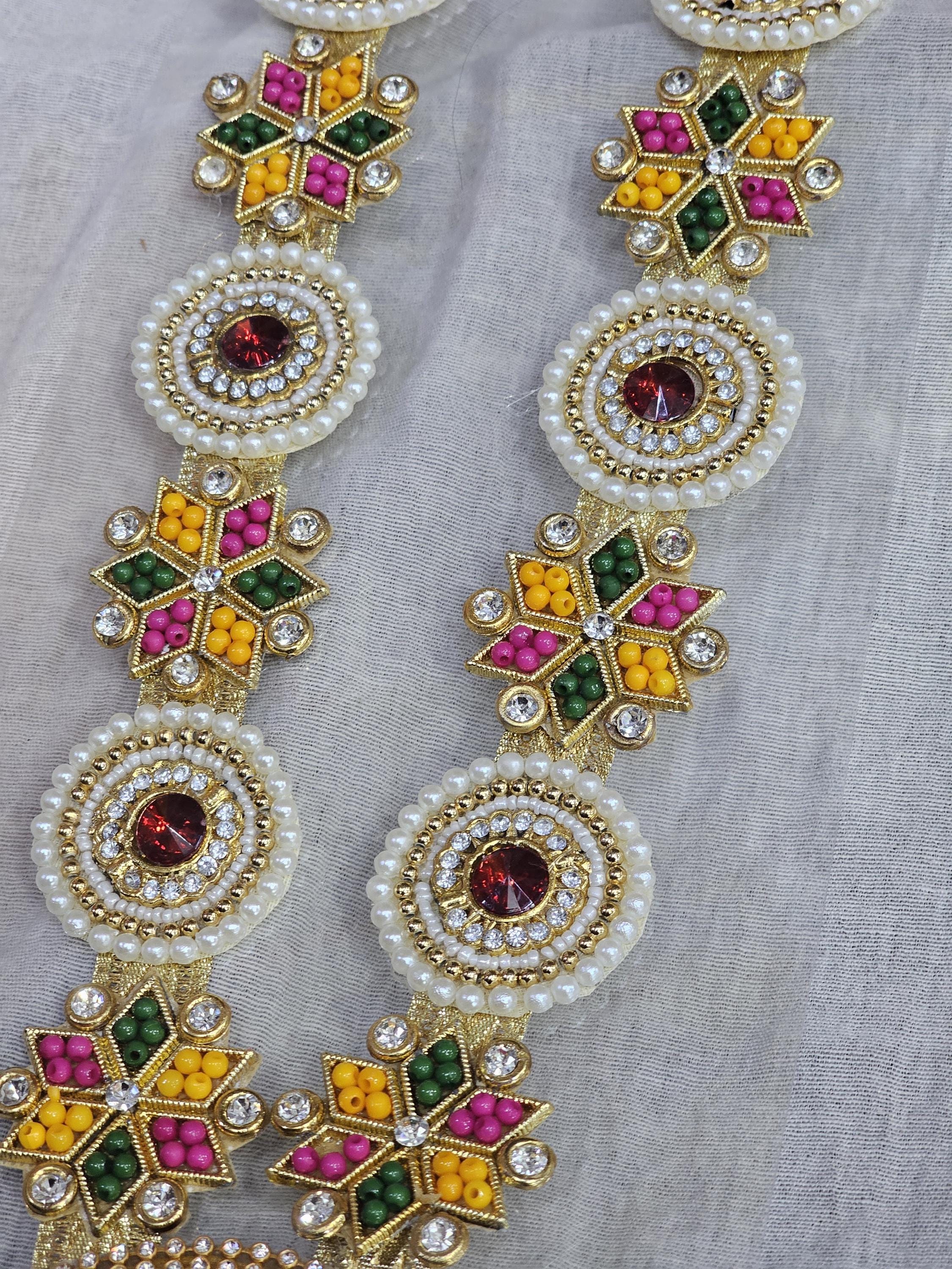 Handmade Vibrant Floral Pearl Mala with Ruby-Red Pendant for Pooja, Weddings and god idol