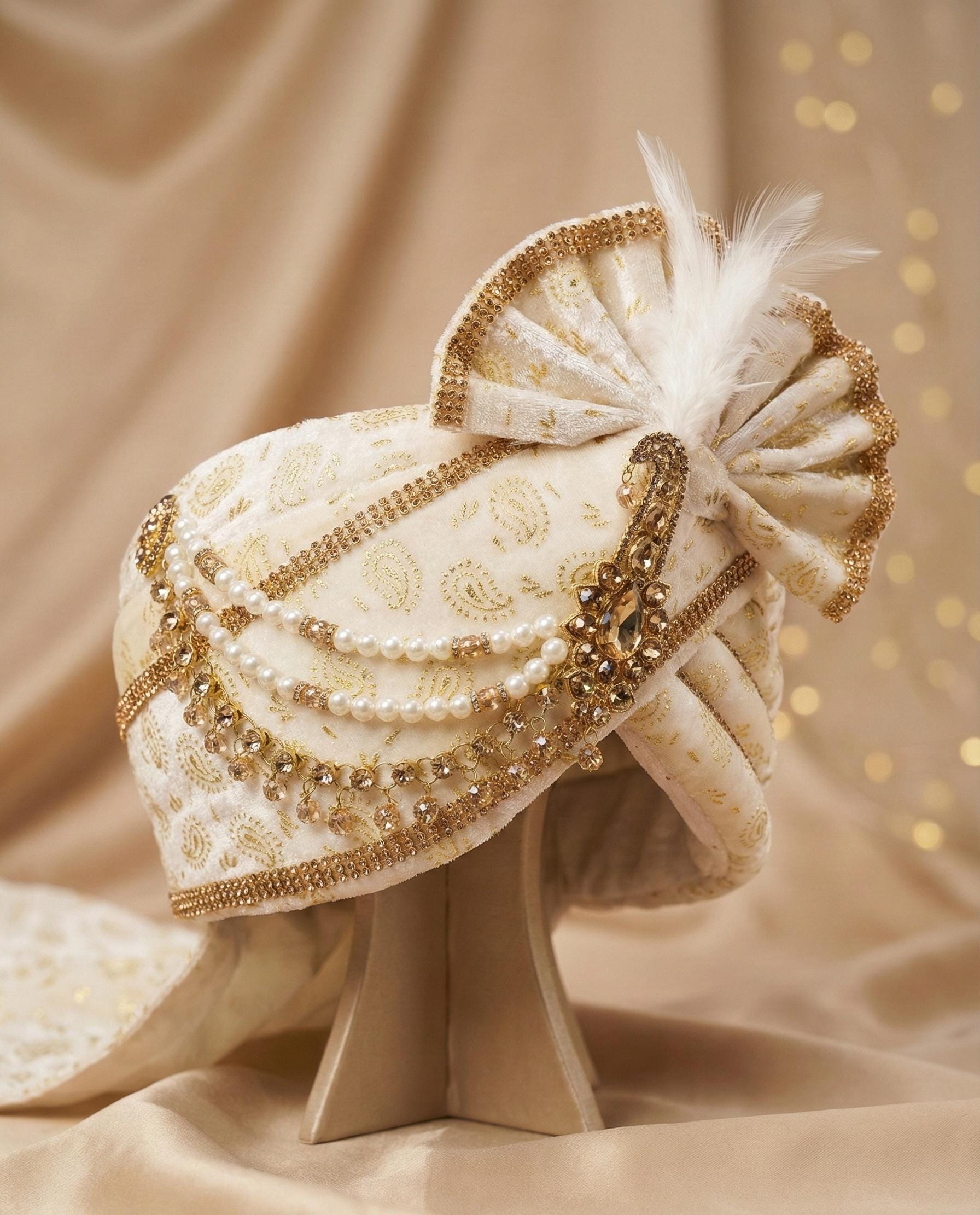 Ivory & Gold Royal Wedding Safa for Groom | Handcrafted Pearl, Stone and Feather Turban, Traditional Indian Ceremonial Headwear