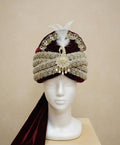 Embroidered Royal Maroon Velvet Groom Turban with Gold Peacock Kalgi and Zardosi Work