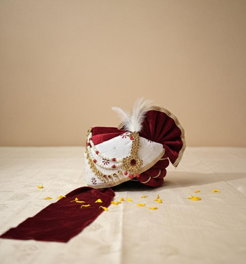 Handcrafted Maroon Velvet Groom Turban – Pearl Kalgi, Feathered Indian Wedding Safa