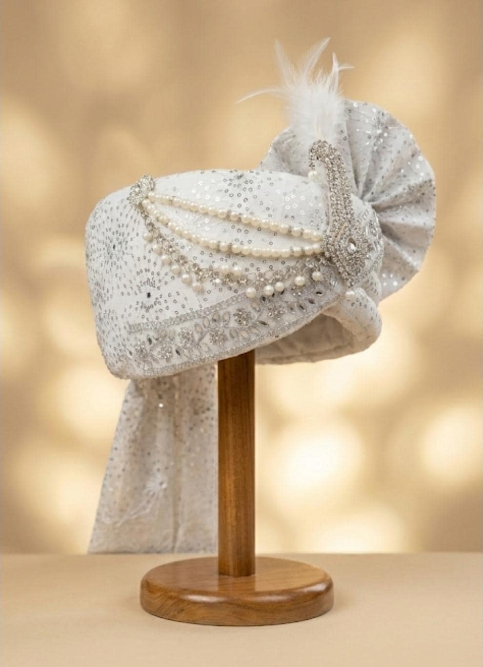 White Royal Wedding Safa for Groom | Handcrafted Pearl & Stone Turban | Traditional Indian Wedding Headwear