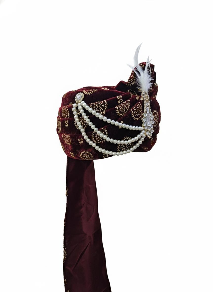 Handmade Maroon Velvet Groom Turban | Indian Wedding Pagri with Pearl Kalangi