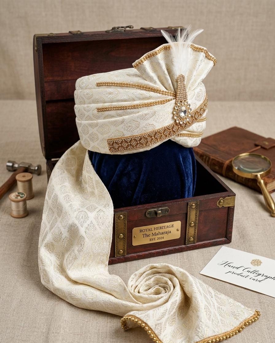 Ivory Silk Wedding Safa – Pre-tied Groom Turban with Kalgi Feather, Gold Beaded Brocade Pagri