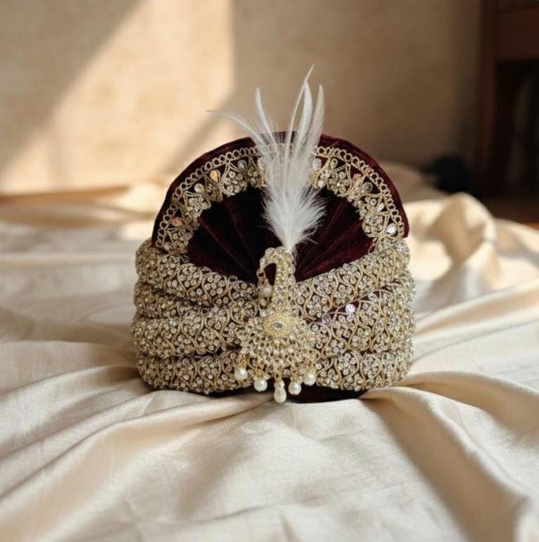 Embroidered Royal Maroon Velvet Groom Turban with Gold Peacock Kalgi and Zardosi Work