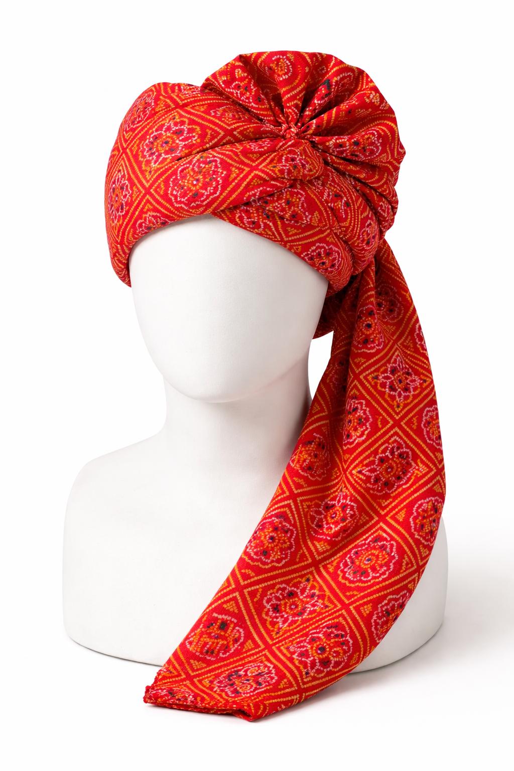 Traditional Bandhani Groom Turban - Red & Orange Rajasthani Safa - Marwari Wedding Pagri with Swastika Motifs - Jaipuri Bandhej Safa