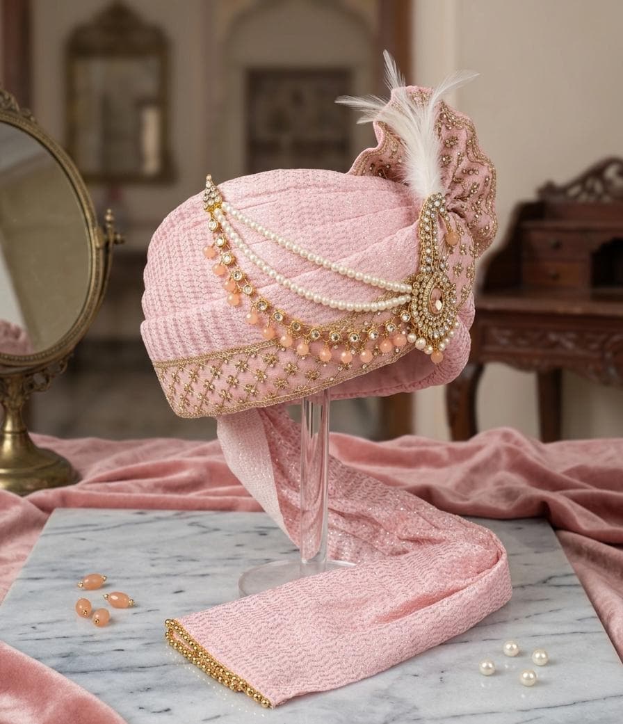 Rose Gold Silk Groom Turban – Peach Zari Crystal Pagri, Pearl Embellished Wedding Headwear
