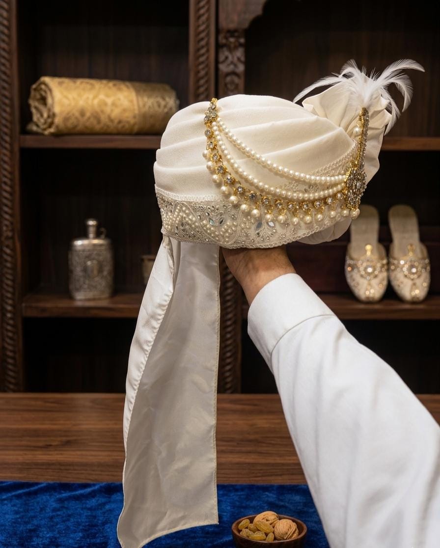 Off-White Groom Turban with Pearl & Crystal Kalgi – Royal Indian Wedding Safa