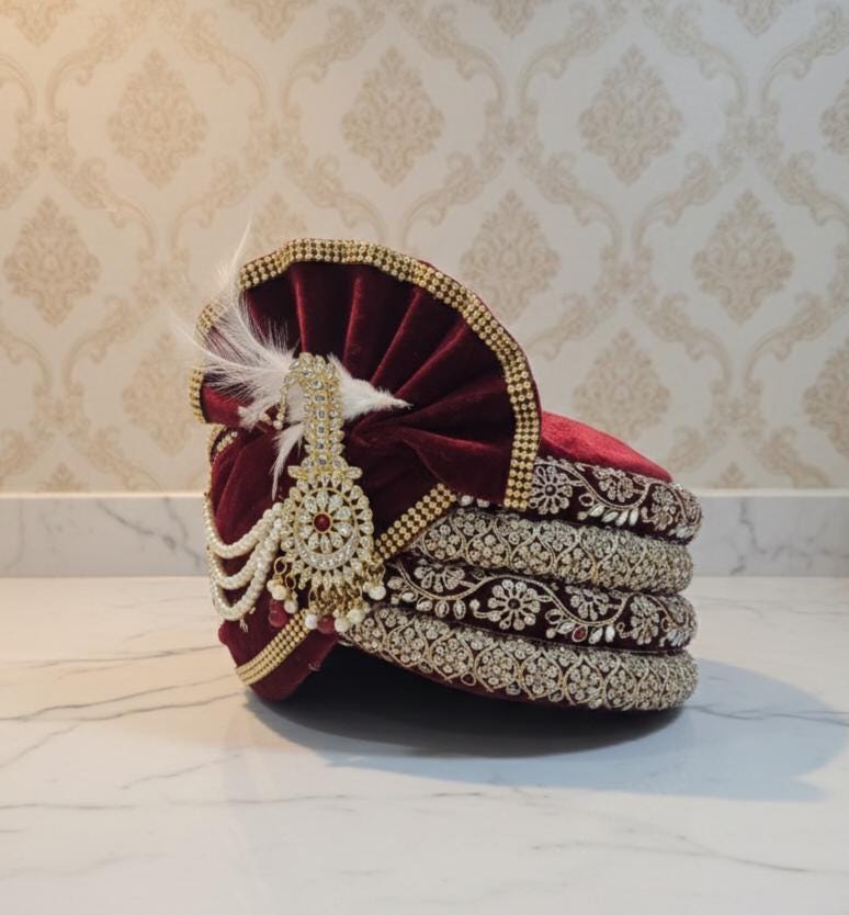 Maroon Gold Dulha Pagri Turban | Groom Wedding Safa