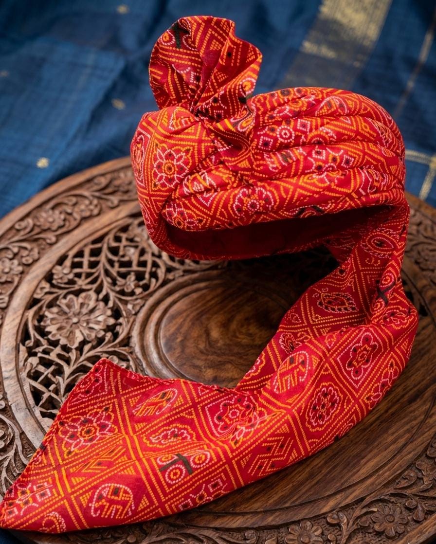 Traditional Bandhani Groom Turban - Red & Orange Rajasthani Safa - Marwari Wedding Pagri with Swastika Motifs - Jaipuri Bandhej Safa