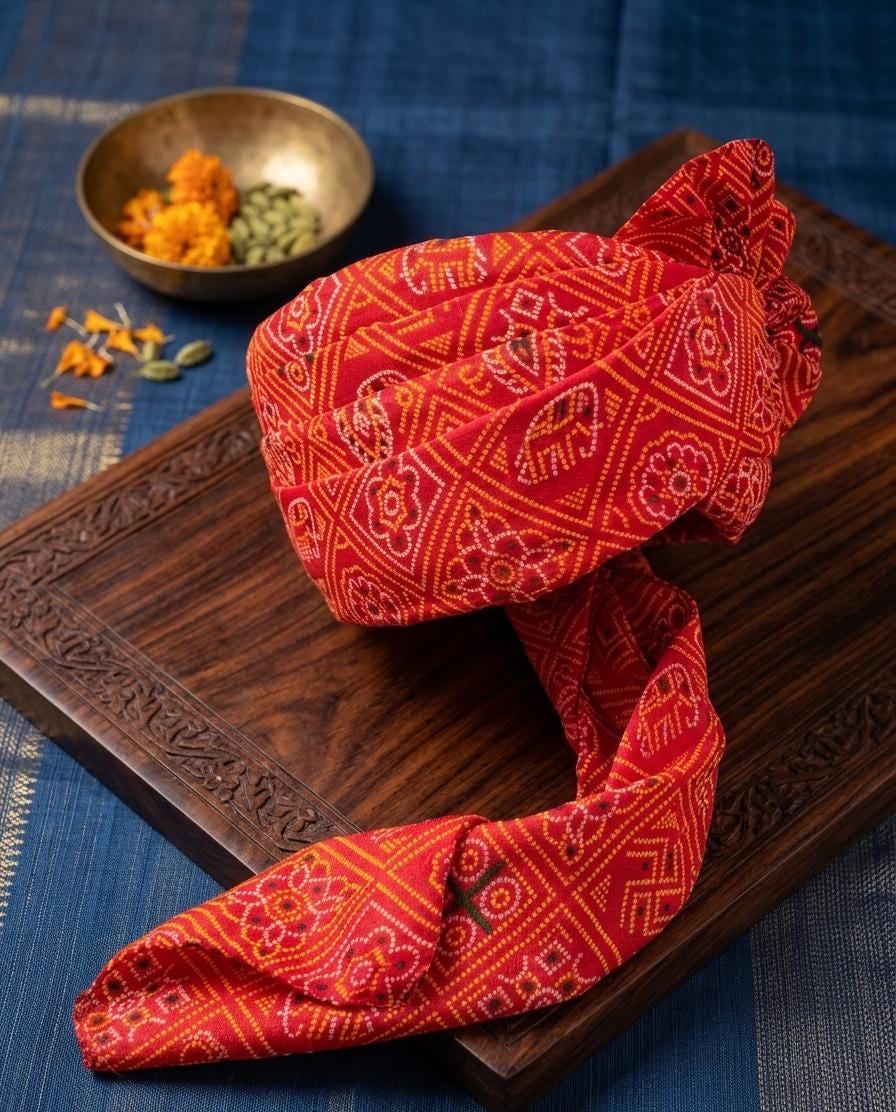 Traditional Bandhani Groom Turban - Red & Orange Rajasthani Safa - Marwari Wedding Pagri with Swastika Motifs - Jaipuri Bandhej Safa
