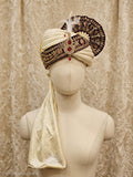 Royal Ivory Silk Turban – Maroon Zardosi Border, Ruby Kalgi, Maharaja Pagri