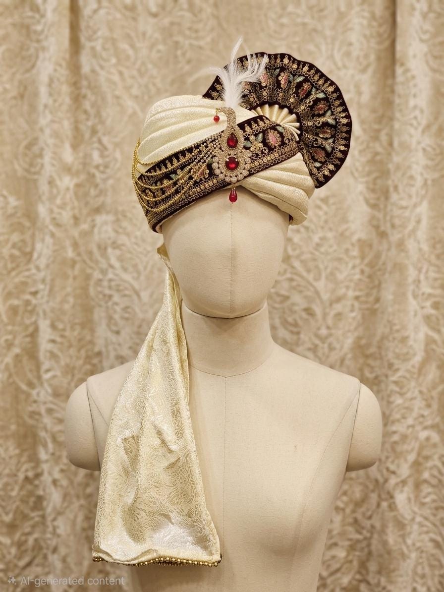 Royal Ivory Silk Turban – Maroon Zardosi Border, Ruby Kalgi, Maharaja Pagri