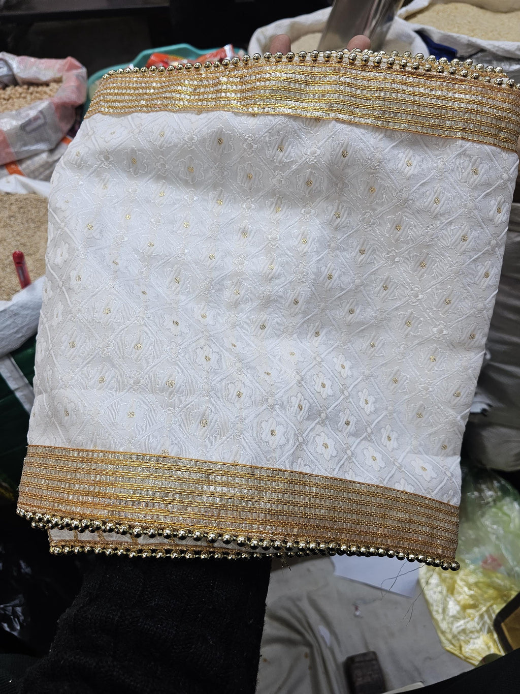 White Gold Patka Traditional Indian Wedding Stole with Pearl Border (2.5m)