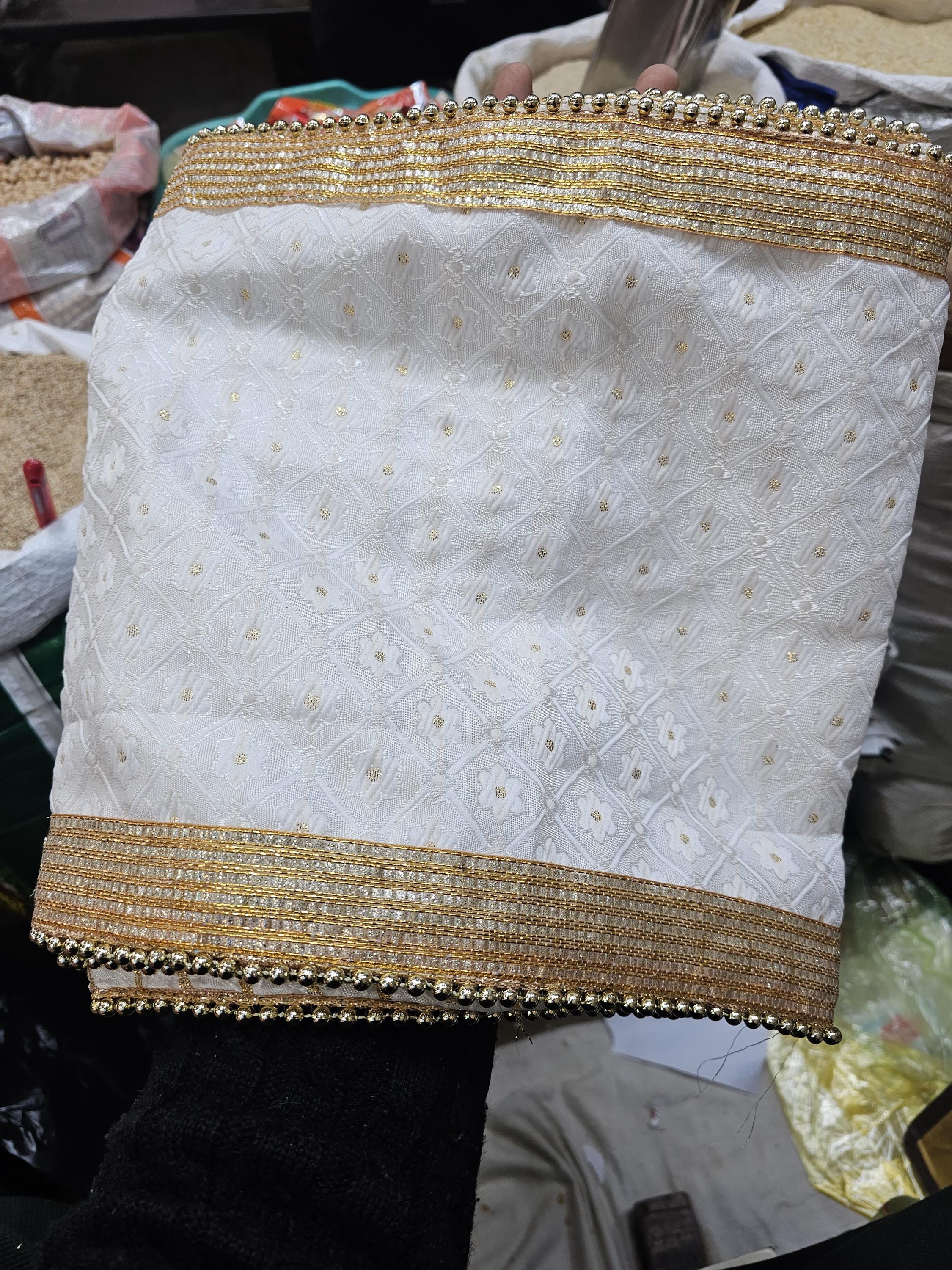 White Gold Patka Traditional Indian Wedding Stole with Pearl Border (2.5m)