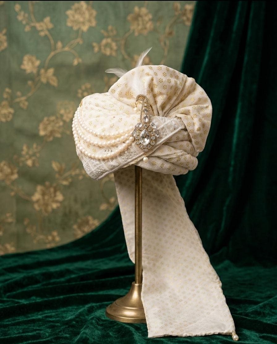 White Gold Wedding Turban | Royal Indian Safa, Pre-tied Groom Pagri