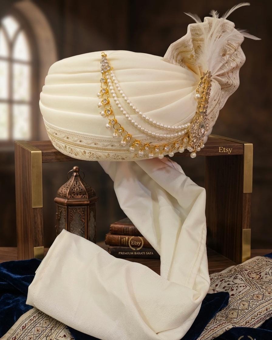 White Silk Turban – Pearl Embellished Groom Safa, Pre-tied Wedding Pagri