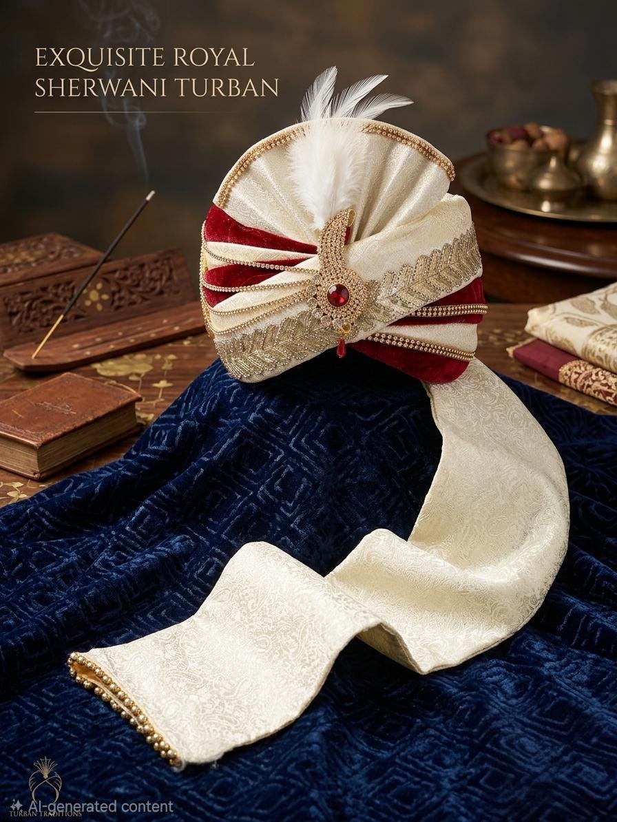 Royal Maroon Velvet Sherwani Turban – Ivory Silk Safa with Kalgi, Pearl Beaded Pagri