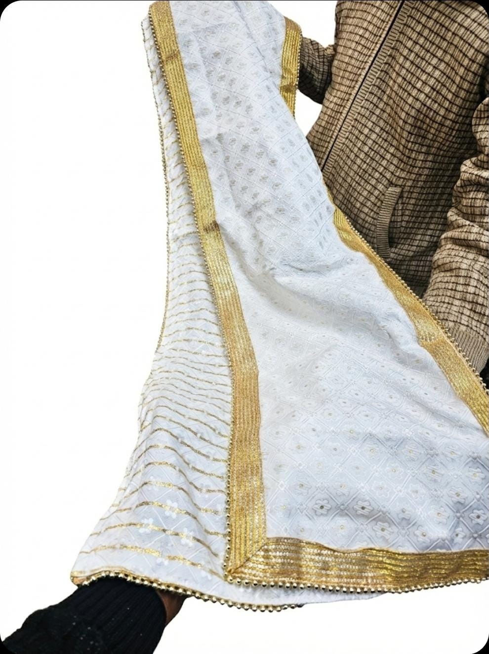 White Gold Patka Traditional Indian Wedding Stole with Pearl Border (2.5m)