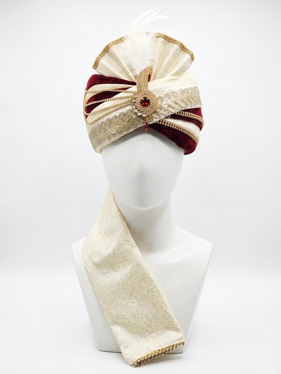 Royal Maroon Velvet Sherwani Turban – Ivory Silk Safa with Kalgi, Pearl Beaded Pagri