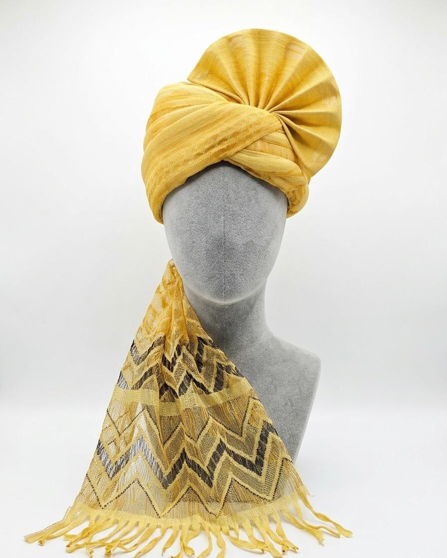 Mustard Gold Barati Turban – Silk-Blend Pagri with Zigzag Palla Safa