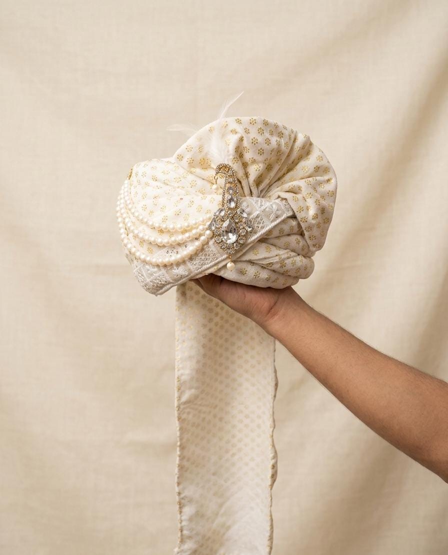 White Gold Wedding Turban | Royal Indian Safa, Pre-tied Groom Pagri