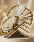 Ivory & Gold Royal Wedding Safa for Groom | Handcrafted Pearl, Stone and Feather Turban, Traditional Indian Ceremonial Headwear