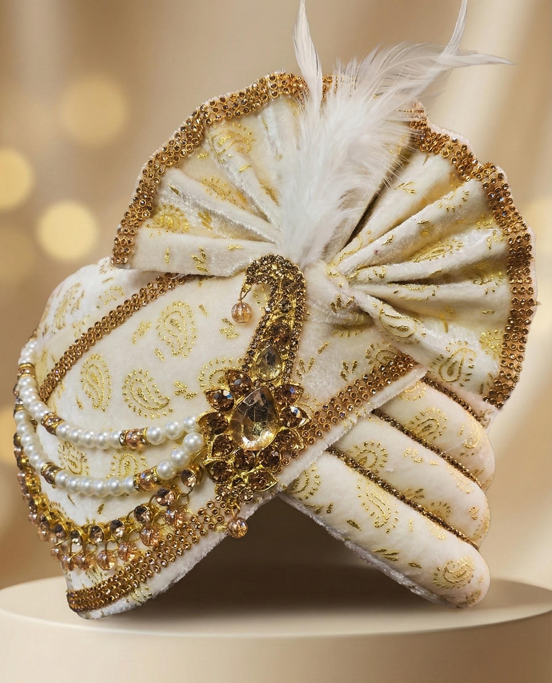 Ivory & Gold Royal Wedding Safa for Groom | Handcrafted Pearl, Stone and Feather Turban, Traditional Indian Ceremonial Headwear