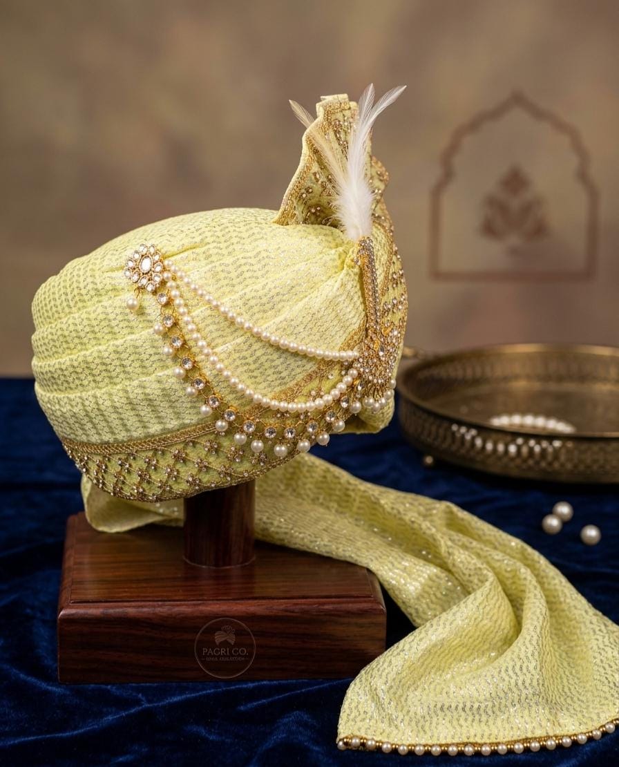Designer Lime Green Pearl Turban – Royal Safa with Kalgi, Silk Pagri for Groom