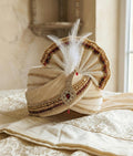 Royal Cream Velvet Turban | Indian Wedding Groom Pagdi with 50cm Tail | Handcrafted Jeweled Safa
