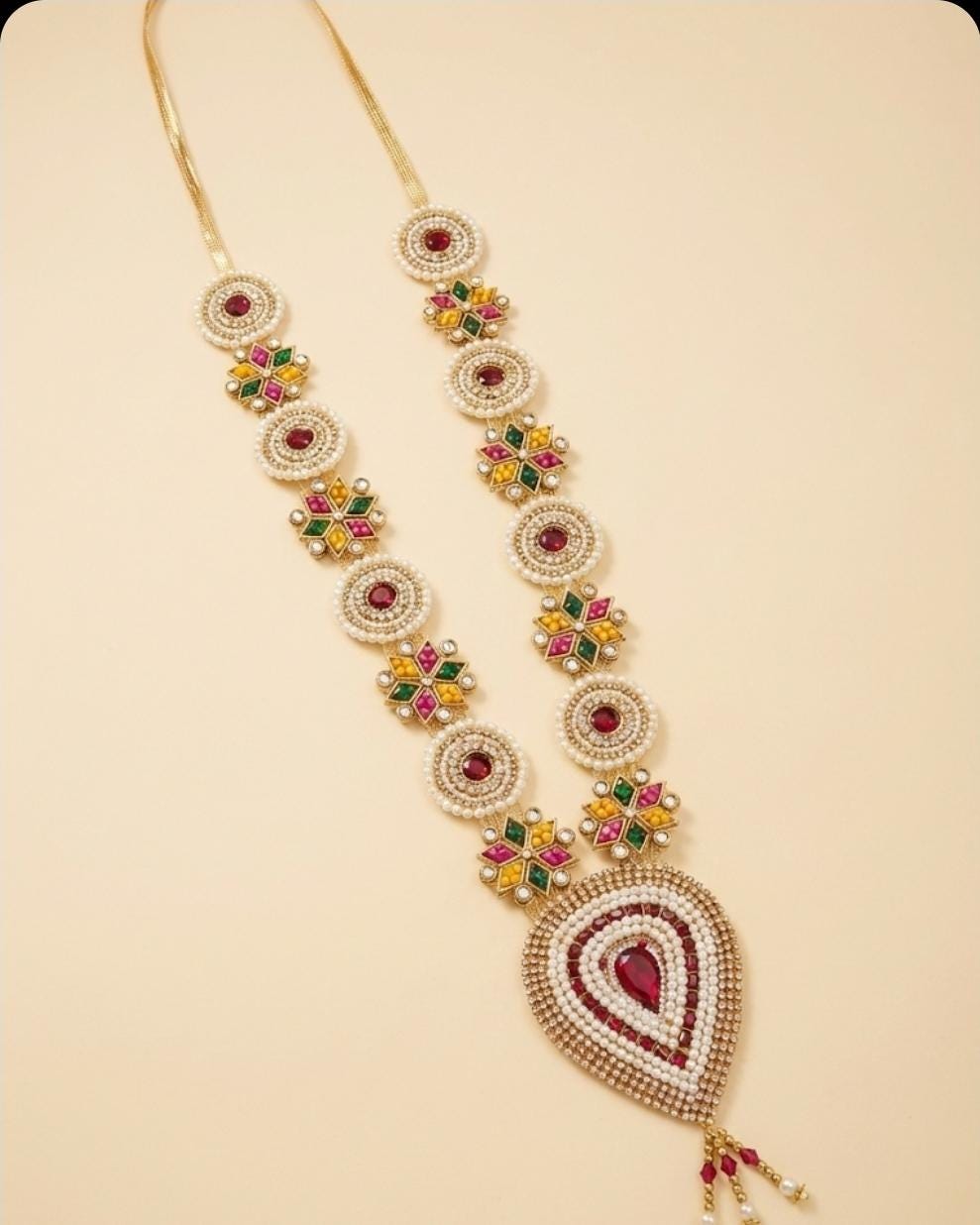 Handmade Vibrant Floral Pearl Mala with Ruby-Red Pendant for Pooja, Weddings and god idol