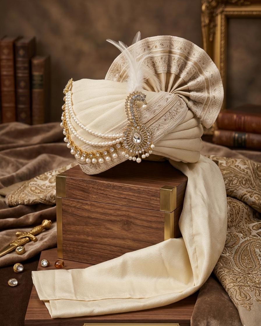 Beige Silk Turban with Pearl & Crystal Peacock Kalgi – Groom Safa Pagri
