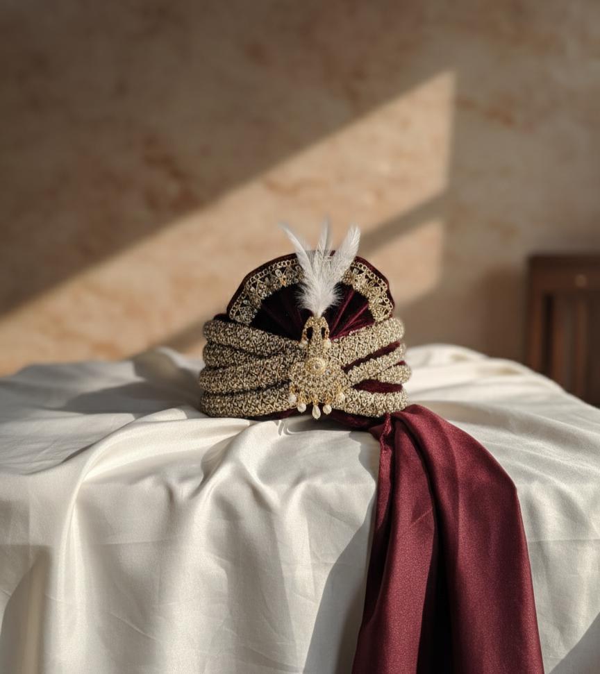 Embroidered Royal Maroon Velvet Groom Turban with Gold Peacock Kalgi and Zardosi Work