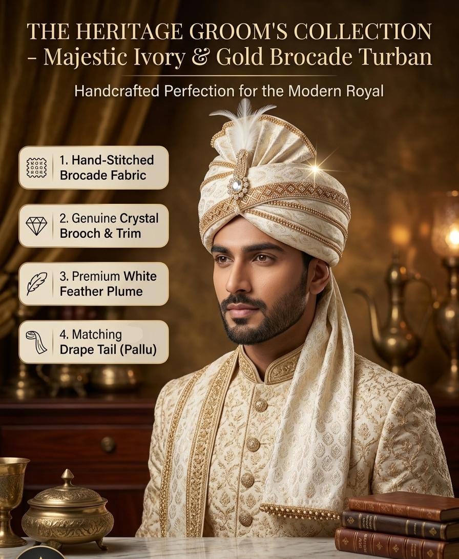 Ivory Silk Wedding Safa – Pre-tied Groom Turban with Kalgi Feather, Gold Beaded Brocade Pagri