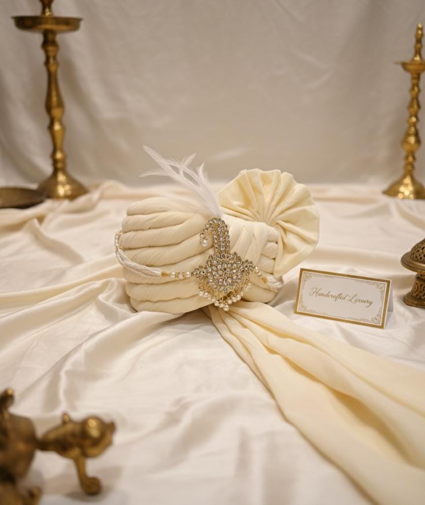 Handcrafted Cream Silk Groom Turban: Crystal Sarpech & Feather
