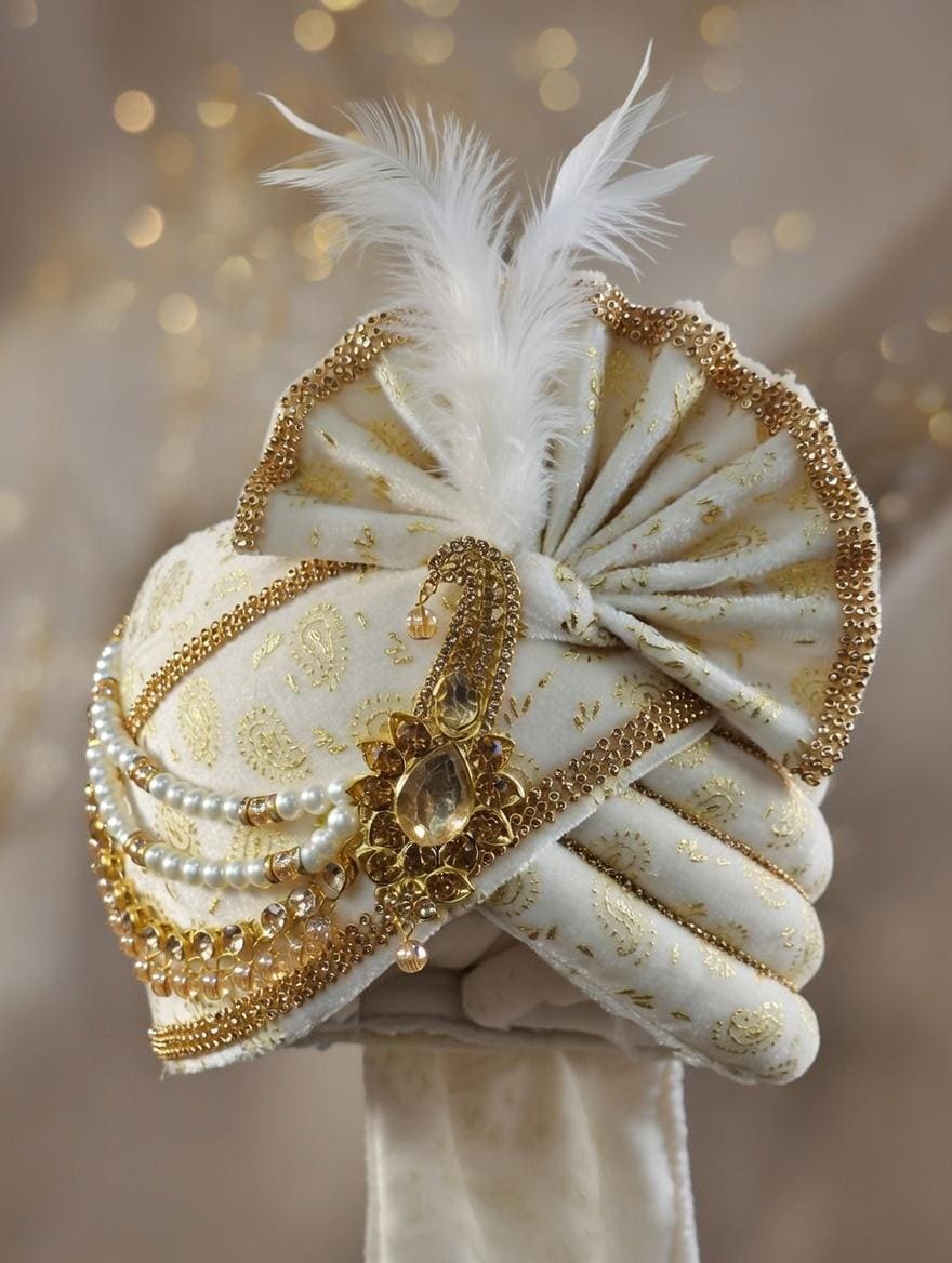 Ivory & Gold Royal Wedding Safa for Groom | Handcrafted Pearl, Stone and Feather Turban, Traditional Indian Ceremonial Headwear