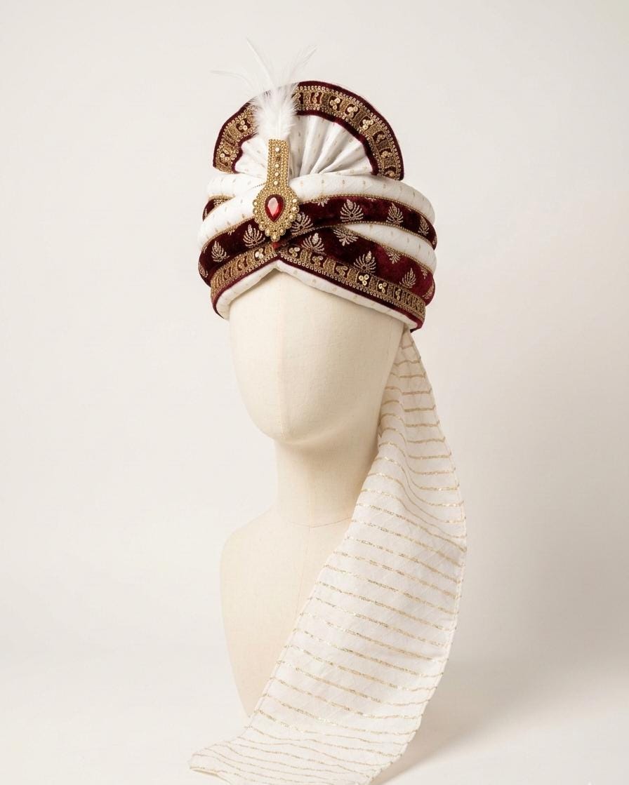 Maroon Velvet Groom Turban | Gold Zardozi Indian Wedding Pagri, Maharajah Style
