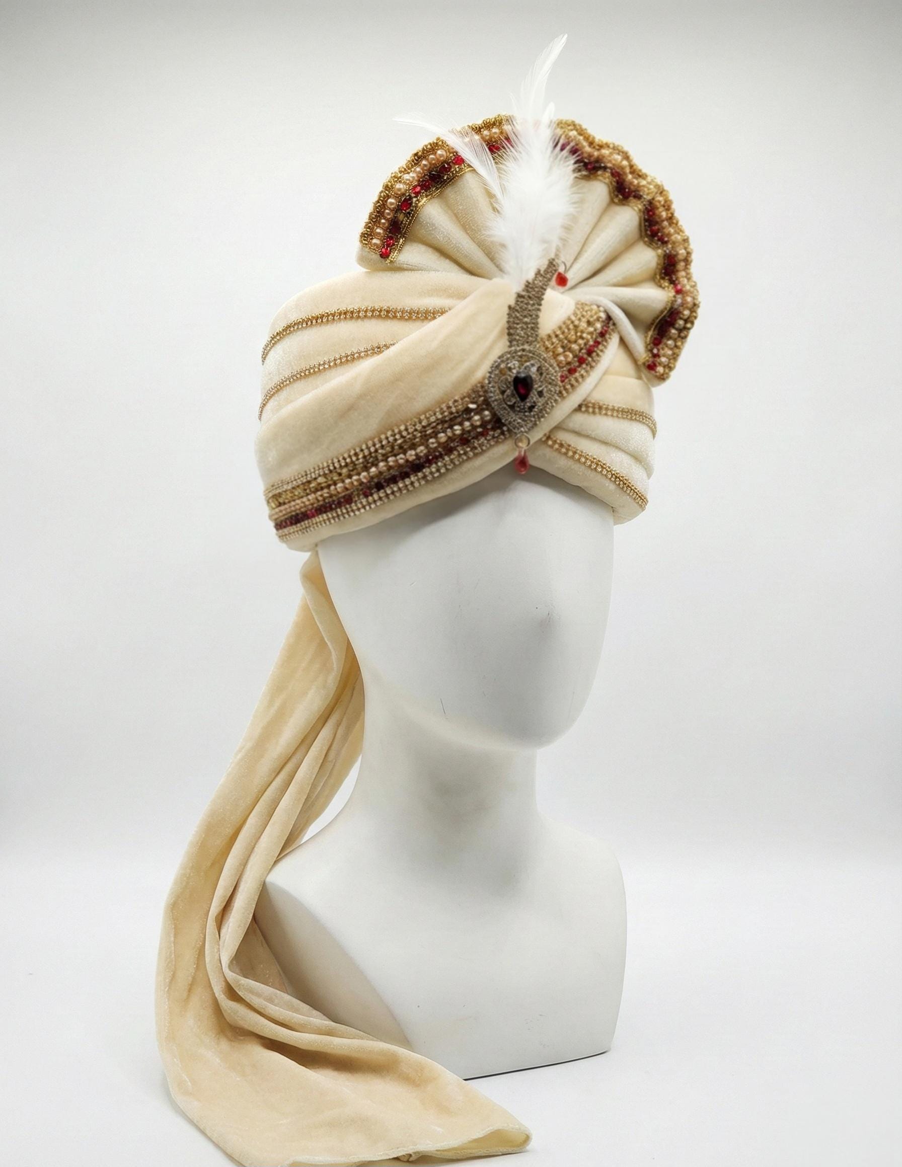 Royal Cream Velvet Turban | Indian Wedding Groom Pagdi with 50cm Tail | Handcrafted Jeweled Safa