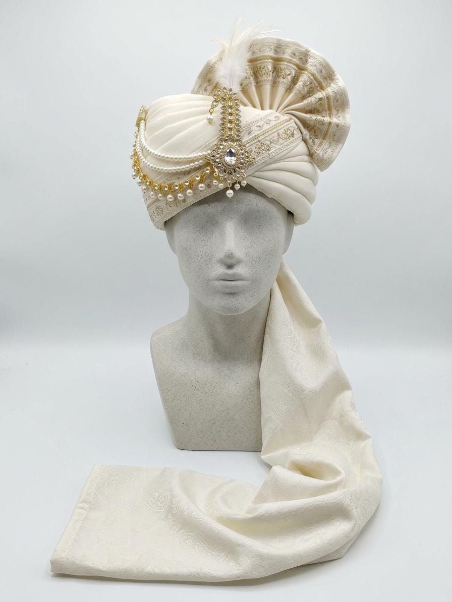 White Silk Turban – Pearl Embellished Groom Safa, Pre-tied Wedding Pagri