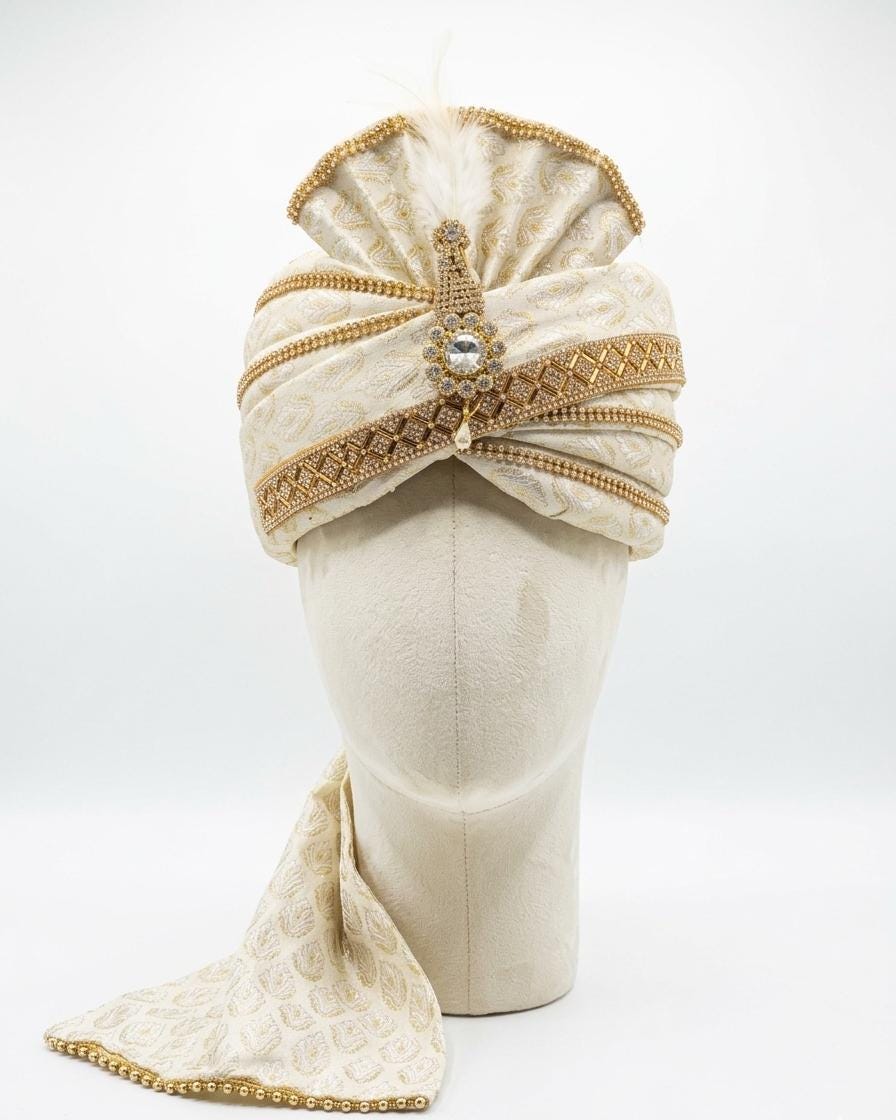 Ivory Silk Wedding Safa – Pre-tied Groom Turban with Kalgi Feather, Gold Beaded Brocade Pagri