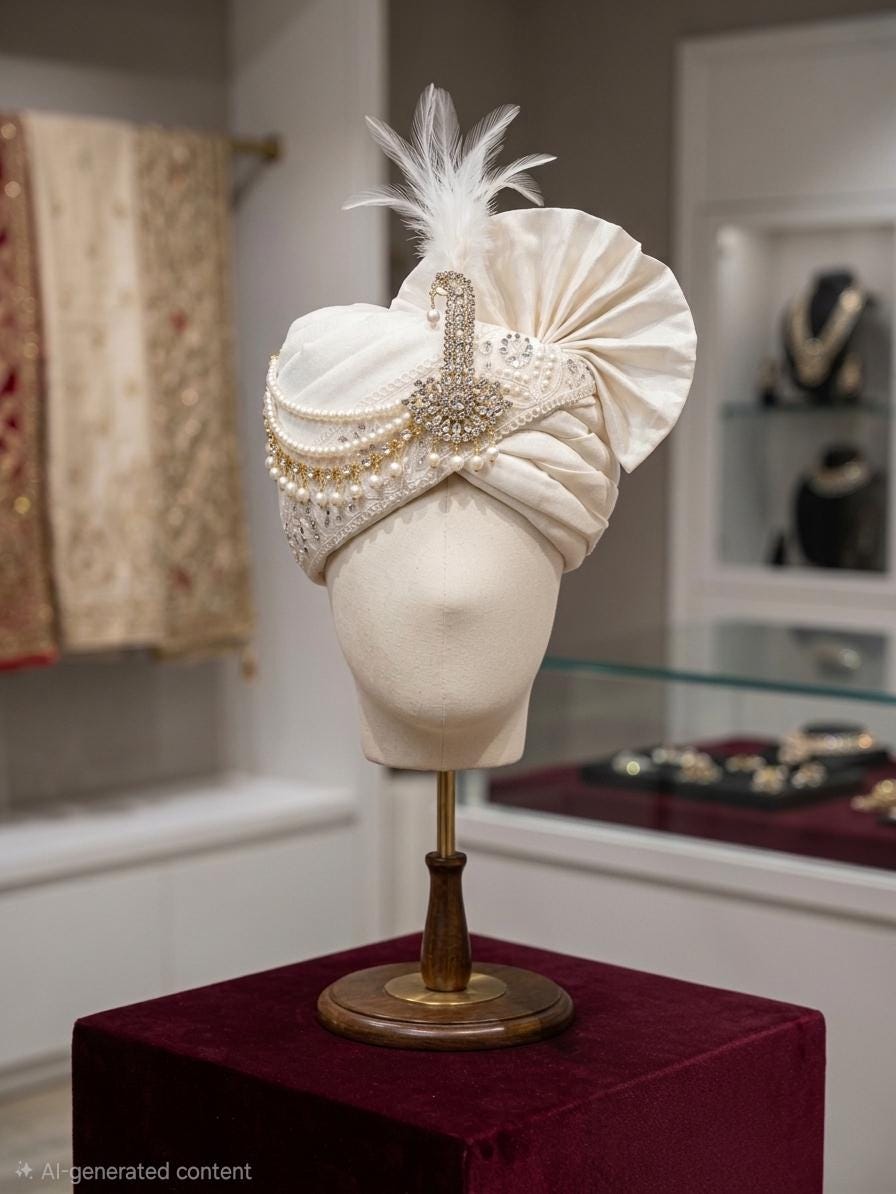 Off-White Groom Turban with Pearl & Crystal Kalgi – Royal Indian Wedding Safa
