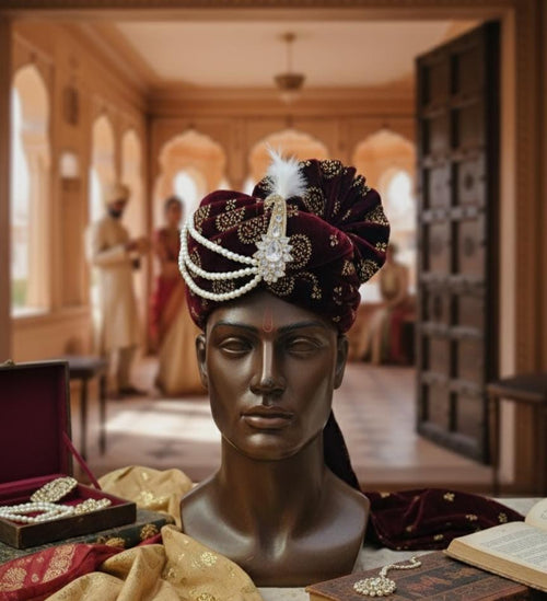 Handmade Maroon Velvet Groom Turban | Indian Wedding Pagri with Pearl Kalangi