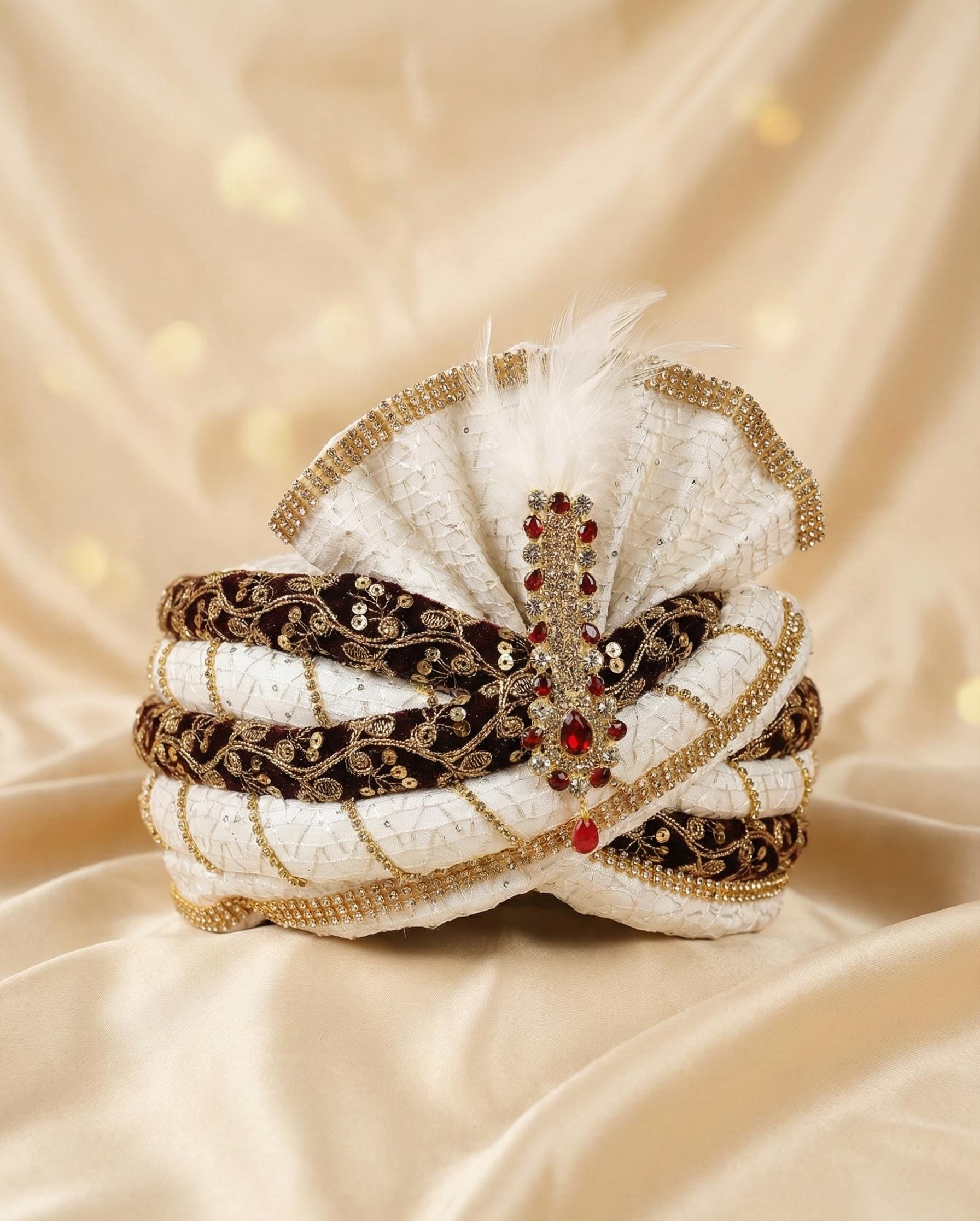 White & Maroon Velvet Groom Turban, Indian Wedding Safa with Red Stone Kalgi, 56cm