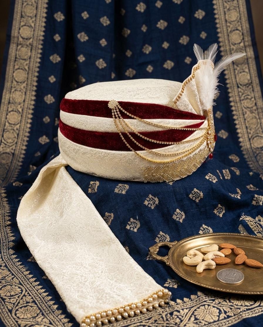 Royal Maroon Velvet Sherwani Turban – Ivory Silk Safa with Kalgi, Pearl Beaded Pagri
