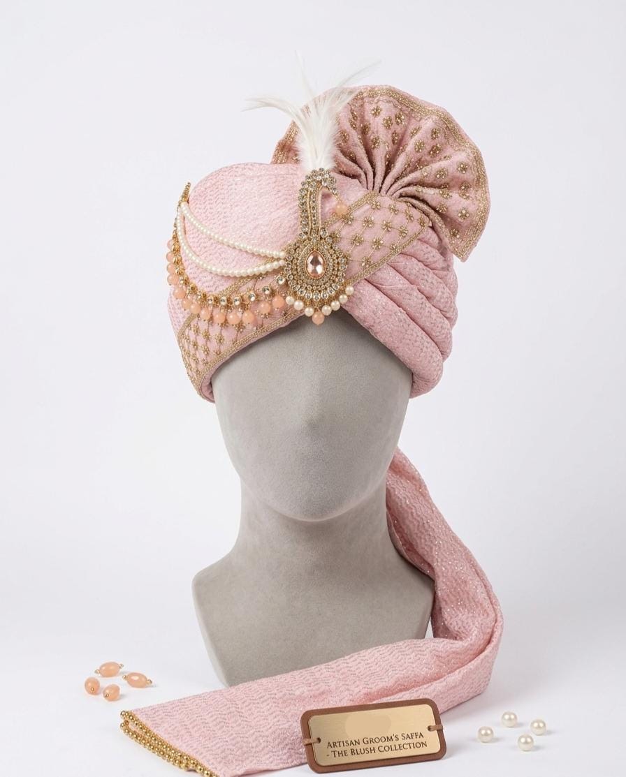 Rose Gold Silk Groom Turban – Peach Zari Crystal Pagri, Pearl Embellished Wedding Headwear