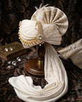 White Silk Turban – Pearl Embellished Groom Safa, Pre-tied Wedding Pagri