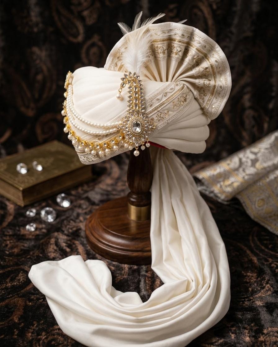 White Silk Turban – Pearl Embellished Groom Safa, Pre-tied Wedding Pagri