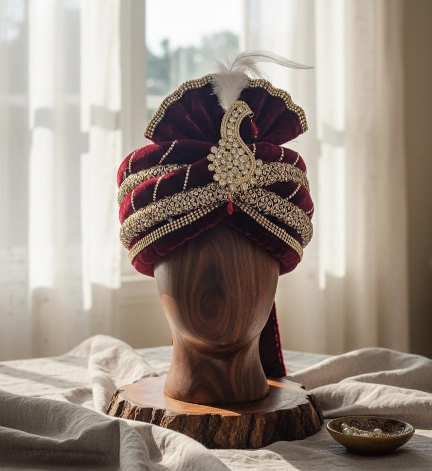 Embroidered Maroon Velvet Groom Turban – Indian Wedding Safa with Peacock Kalangi