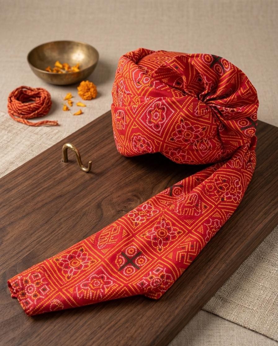 Traditional Bandhani Groom Turban - Red & Orange Rajasthani Safa - Marwari Wedding Pagri with Swastika Motifs - Jaipuri Bandhej Safa